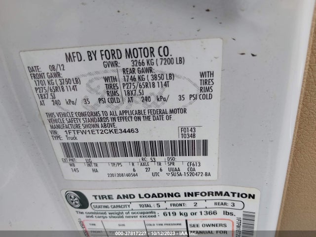 2012 FORD F-150 XL/XLT/FX4/LARIAT VIN: 1FTFW1ET2CKE34463