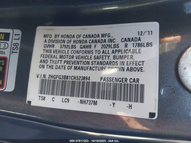 2012 HONDA CIVIC CPE EX VIN: 2HGFG3B81CH523894