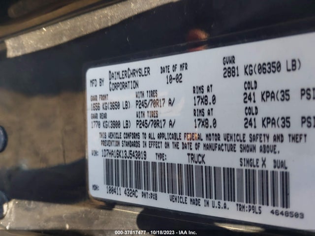 2003 DODGE RAM 1500 ST VIN: 1D7HA16K13J543019