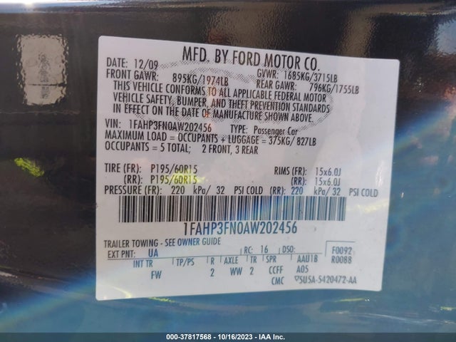 2010 FORD FOCUS SE VIN: 1FAHP3FN0AW202456