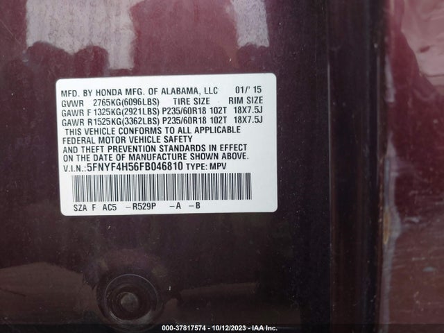 Honda Pilot Ex-l 2015 5FNYF4H56FB046810 Image 9
