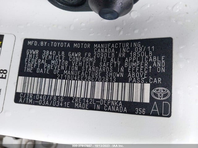 2011 TOYOTA COROLLA L/LE/S VIN: 2T1BU4EE2BC703813