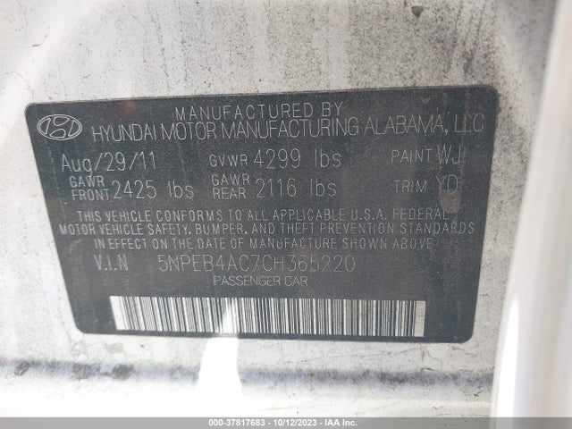 2012 HYUNDAI SONATA GLS PZEV VIN: 5NPEB4AC7CH365220