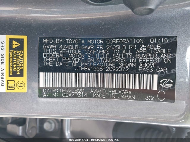 JTHBW1GG5F2092072 Lexus Es 300h Hybrid
