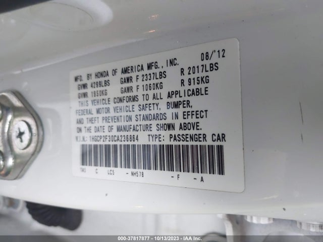 Продажа на аукционе авто 2012 Honda Accord Sdn Lx, vin: 1HGCP2F30CA236864, номер лота: 37817877