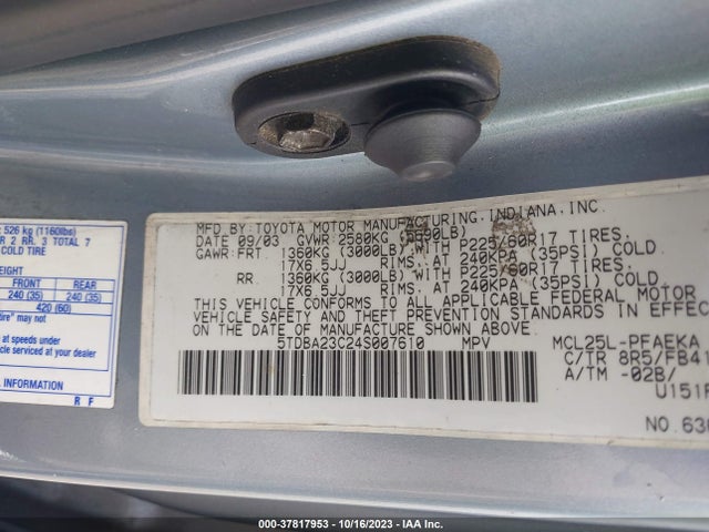 2004 TOYOTA SIENNA LE VIN: 5TDBA23C24S007610
