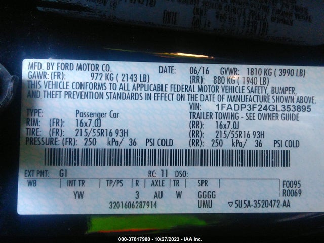 2016 FORD FOCUS SE VIN: 1FADP3F24GL353895