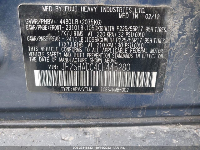 2012 SUBARU FORESTER 2.5X PREMIUM VIN: JF2SHADC4CH445280