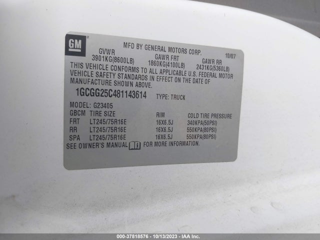 2008 CHEVROLET EXPRESS WORK VAN VIN: 1GCGG25C481143614