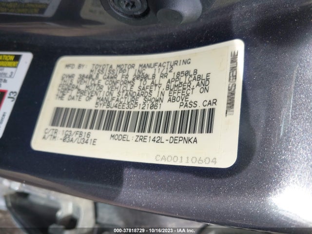 2013 TOYOTA COROLLA LE VIN: 5YFBU4EE3DP121061