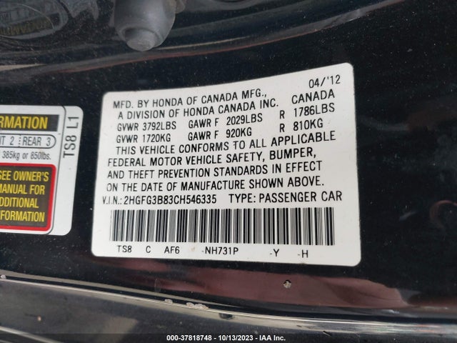 2012 HONDA CIVIC CPE EX VIN: 2HGFG3B83CH546335