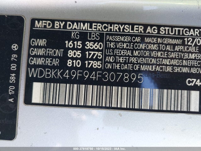 2004 MERCEDES-BENZ SLK-CLASS VIN: WDBKK49F94F307895