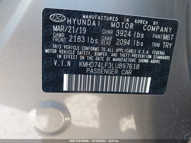 2020 HYUNDAI ELANTRA SE VIN: KMHD74LF3LU897618