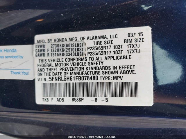 Honda Odyssey Ex-l 2015 5FNRL5H61FB078480 Image 9