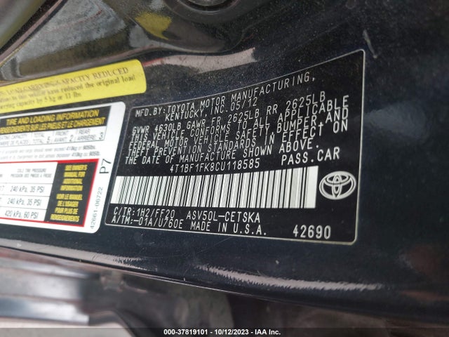 2012 TOYOTA CAMRY L/LE/SE/XLE VIN: 4T1BF1FK8CU118585
