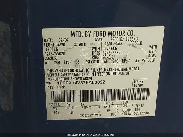 2007 FORD F-150 XLT/FX4/LARIAT/XL VIN: 1FTPX14V87FA83092