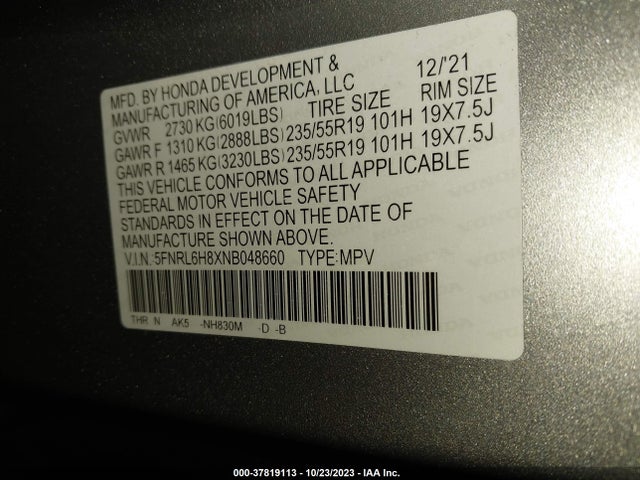 Honda Odyssey Touring 2022 5FNRL6H8XNB048660 Image 9