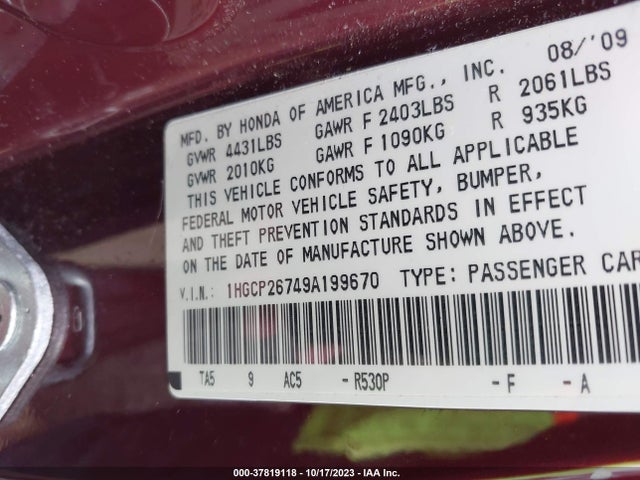 2009 HONDA ACCORD SDN EX VIN: 1HGCP26749A199670