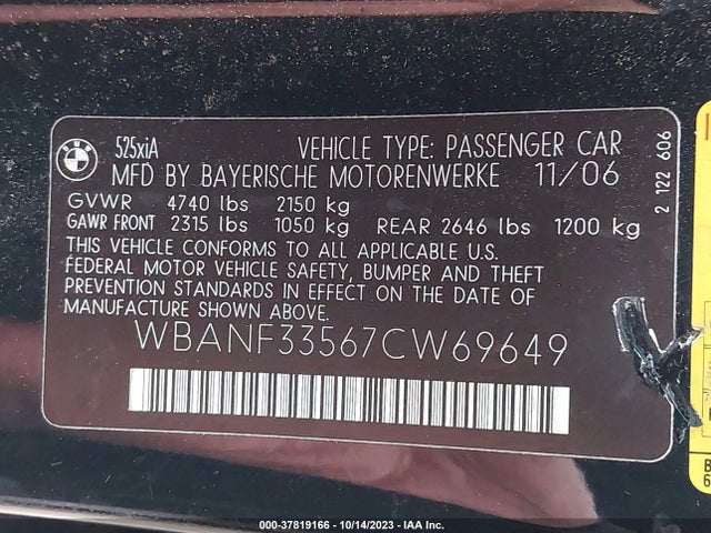 2007 BMW 5 SERIES 525XI VIN: WBANF33567CW69649