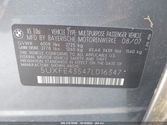 2007 BMW X5 3.0SI VIN: 5UXFE43547L016347