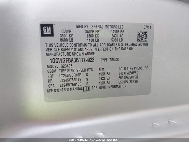 2011 CHEVROLET EXPRESS CARGO VAN VIN: 1GCWGFBA3B1179923