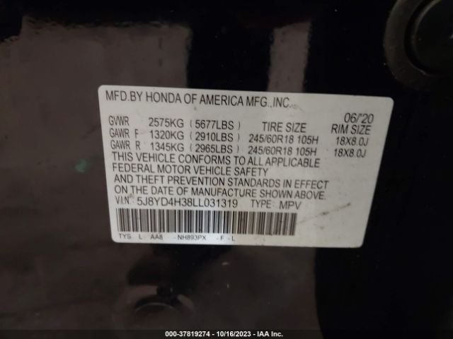 5J8YD4H38LL031319 Acura Mdx Standard
