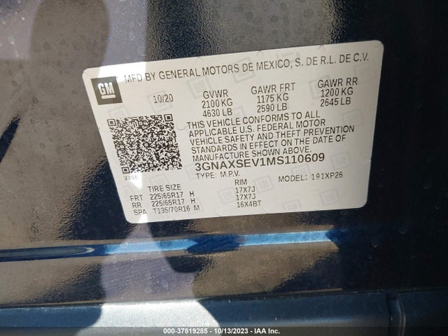 2021 CHEVROLET EQUINOX AWD LS VIN: 3GNAXSEV1MS110609