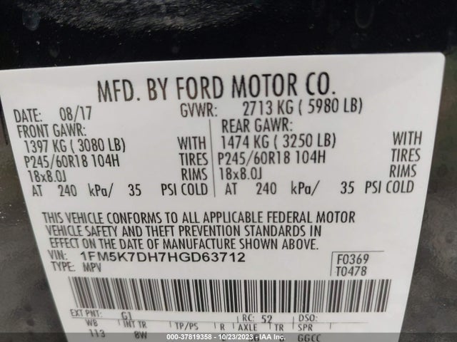 2017 FORD EXPLORER XLT VIN: 1FM5K7DH7HGD63712