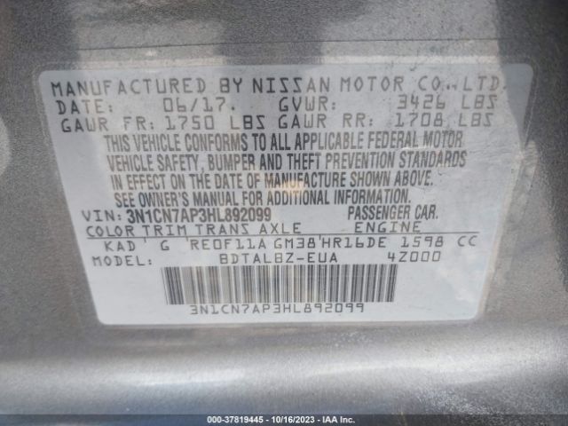 3N1CN7AP3HL892099 Nissan Versa Sedan Sv