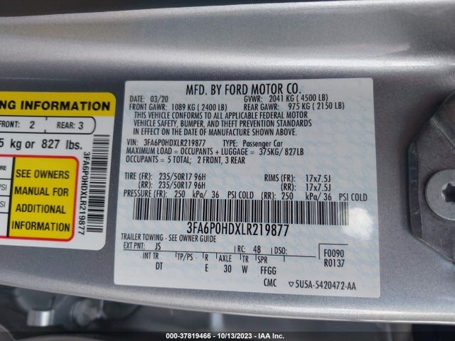Ford FUSION SE 2020 3FA6P0HDXLR219877 Image 9