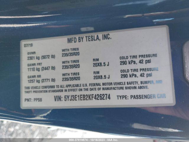 5YJ3E1EB2KF426274 Tesla Model 3 Performance/long Range