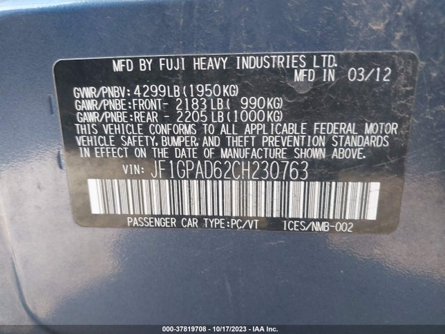 2012 SUBARU IMPREZA WAGON 2.0I PREMIUM VIN: JF1GPAD62CH230763