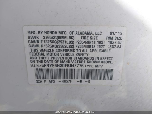 5FNYF4H30FB048776 Honda PILOT SE