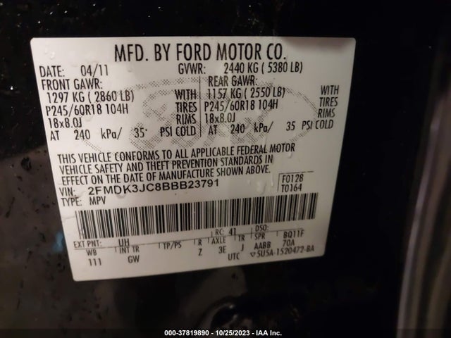 2011 FORD EDGE SEL VIN: 2FMDK3JC8BBB23791