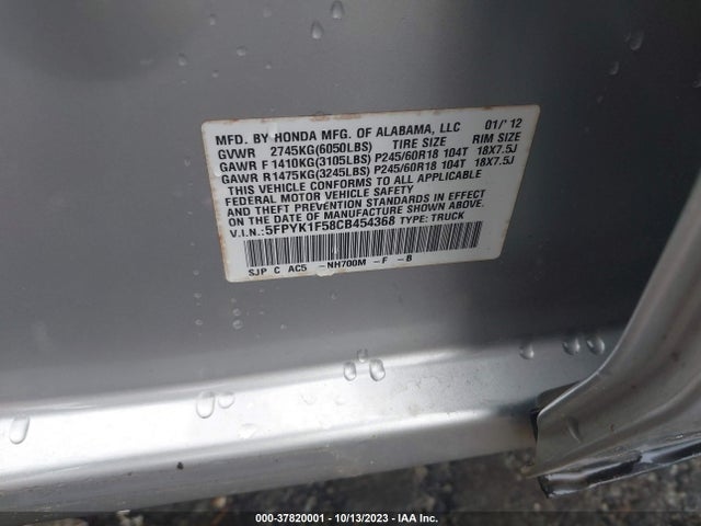 2012 HONDA RIDGELINE RTL VIN: 5FPYK1F58CB454368