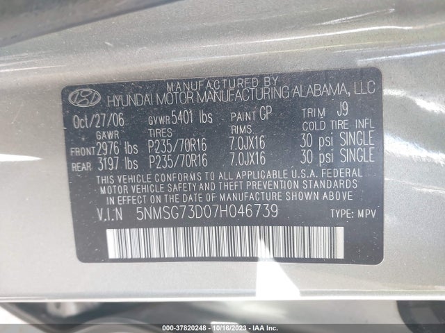 2007 HYUNDAI SANTA FE GLS VIN: 5NMSG73D07H046739