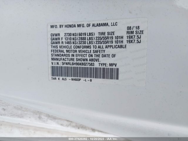 5FNRL6H96KB027583 Honda Odyssey Elite