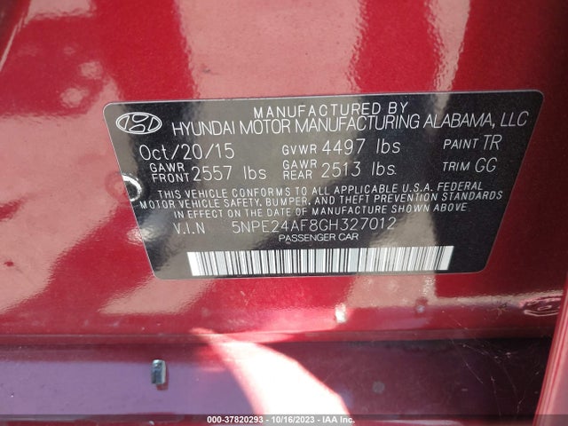 2016 HYUNDAI SONATA 2.4L SE VIN: 5NPE24AF8GH327012