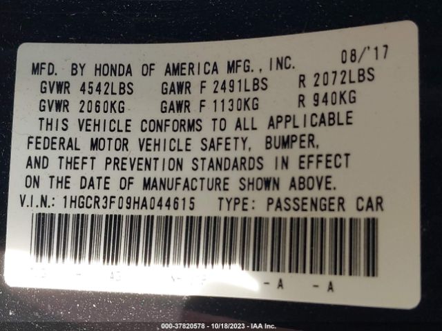 1HGCR3F09HA044615 Honda Accord Sedan Ex-l V6