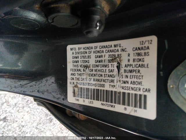 2013 HONDA CIVIC SDN EX VIN: 2HGFB2F80DH513300