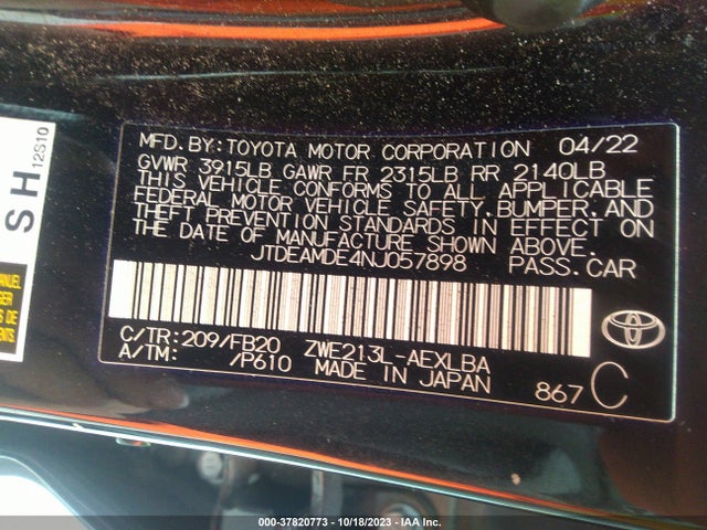 2022 TOYOTA COROLLA HYBRID LE VIN: JTDEAMDE4NJ057898