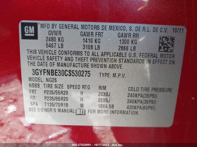 2012 CADILLAC SRX PERFORMANCE COLLECTION VIN: 3GYFNBE30CS530275