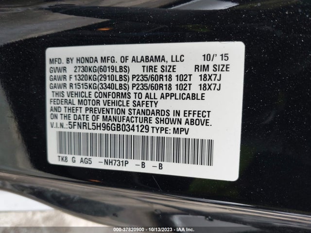 Honda Odyssey Touring 2016 5FNRL5H96GB034129 Image 9