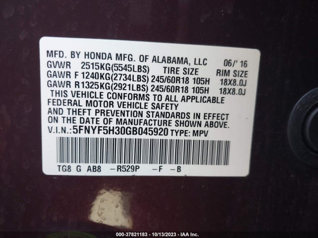 Honda Pilot Ex 2016 5FNYF5H30GB045920 Image 9