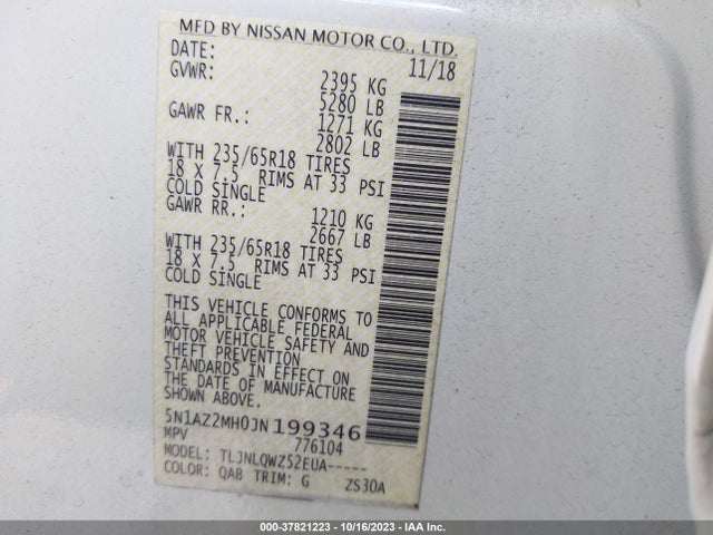 Nissan MURANO SV 2018 5N1AZ2MH0JN199346 Image 9