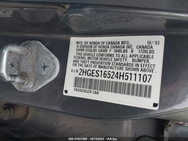 2004 HONDA CIVIC LX VIN: 2HGES16524H511107