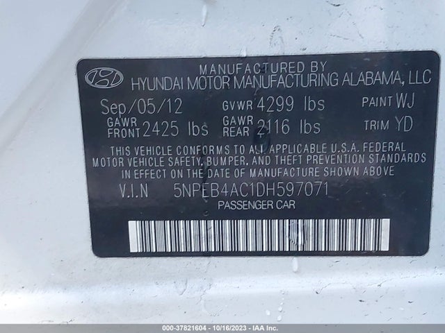 2013 HYUNDAI SONATA GLS VIN: 5NPEB4AC1DH597071