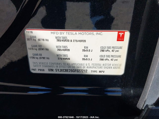 2016 TESLA MODEL X 60D/70D/75D/90D/P100D VIN: 5YJXCBE26GF027212