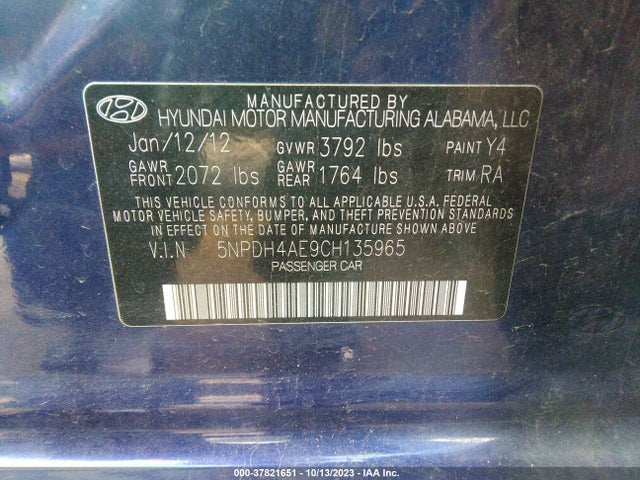 2012 HYUNDAI ELANTRA GLS PZEV VIN: 5NPDH4AE9CH135965