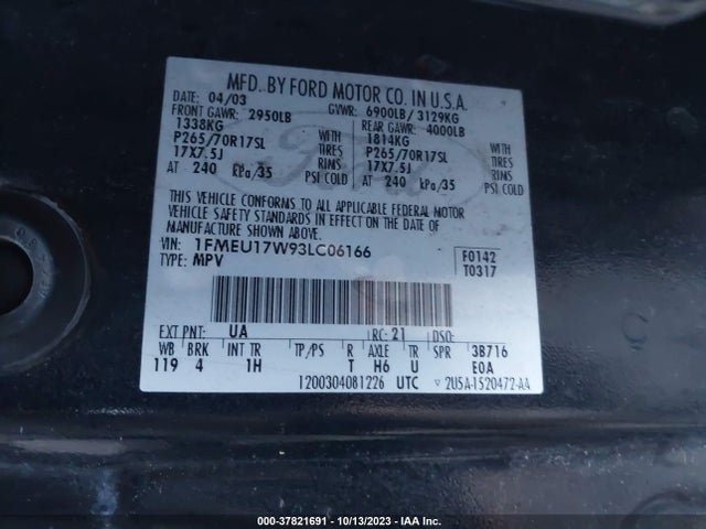 2003 FORD EXPEDITION EDDIE BAUER VIN: 1FMEU17W93LC06166